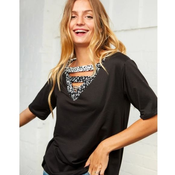 Black Top With Animal Print Detail - Picture 3 of 7